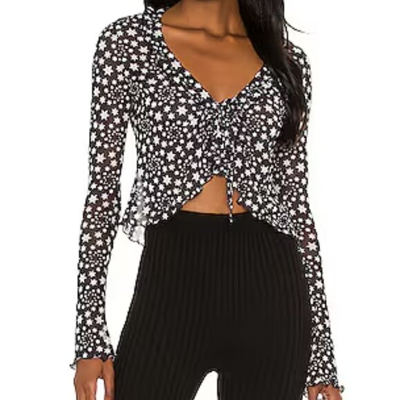 Free People Black White Star Print Marne Open Front Tie Mesh Top - Picture 1 of 9
